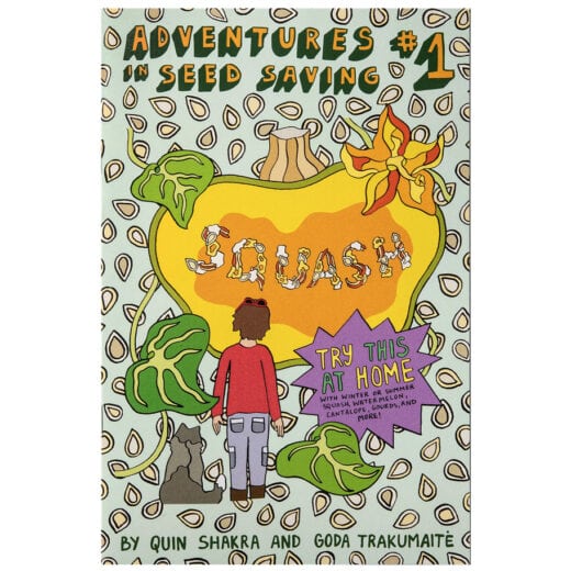 Adventures in Seed Saving comic book cover. Image shows half of a squash over a background of blue and dotted with seeds. A person and a dog are looking at the fruit.